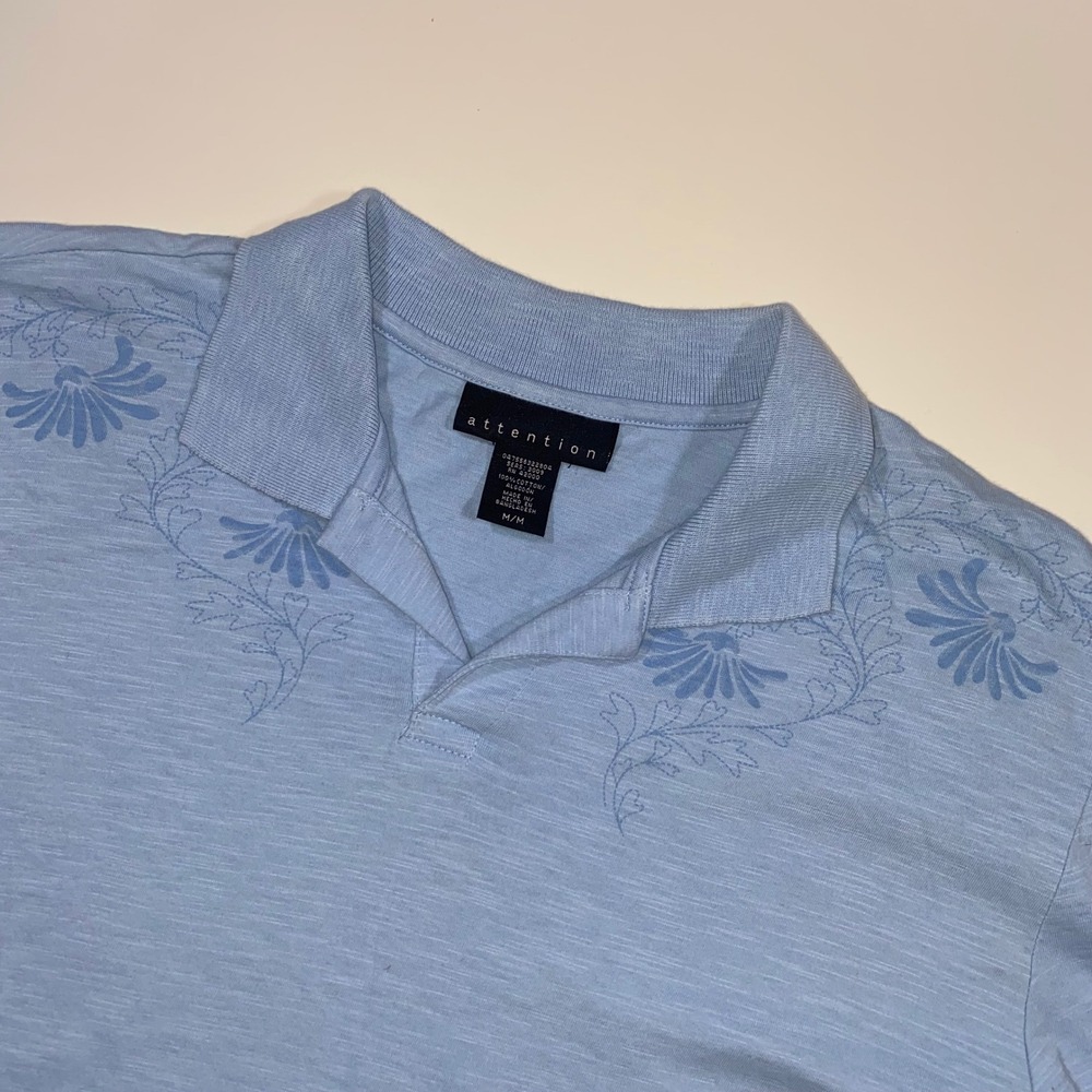 Attention Womens Light Blue‎ Floral Embroidered Short Sleeve Polo Shirt M M